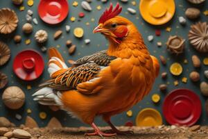 Colorful chicken on a solid color background, studio photo. ai generative photo