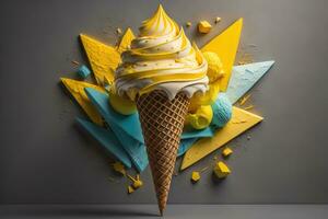 Ice cream in waffle cone on blue background, top view, flat lay. ai generative photo