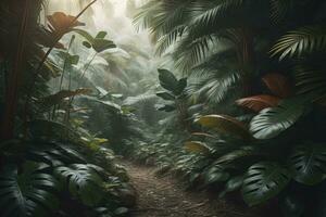 A pathway in tropical rainforest with palm trees and path in the mist. ai generative photo