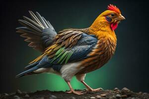 Colorful chicken on a solid color background, studio photo. ai generative photo