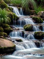 Beautiful nature landscape view of creek waterfall in the forest, photo