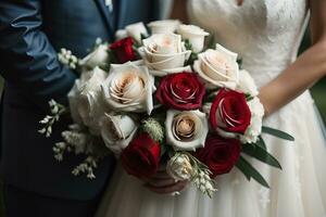 Boda ramo de flores de rosas en el manos de el novia. ai generativo foto