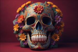 Mexican sugar skull with flowers. Day of the Dead concept. generative ai photo