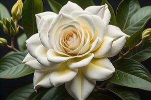 White rose with green leaves on a solid color background, top view. ai generative photo