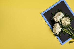 Flat lay of delicate beautiful stylish bouquet of asters flowers on a blank empty chalkboard with space for text isolated on yellow background photo