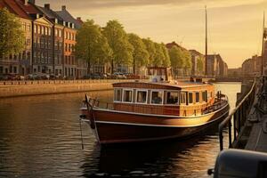 Boat docked on river in the old town photo