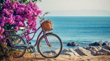 bicicleta con un cesta se sienta en parte superior de arena cerca el Oceano foto