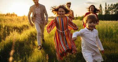 contento familia en corriendo en verano campo foto
