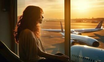 A woman is sitting by a window overlooking an airport photo