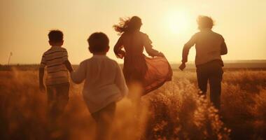 contento familia en corriendo en verano campo foto