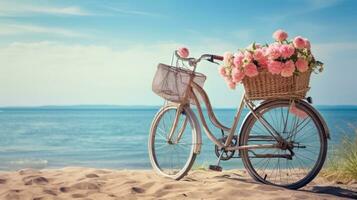 bicicleta con un cesta se sienta en parte superior de arena cerca el Oceano foto