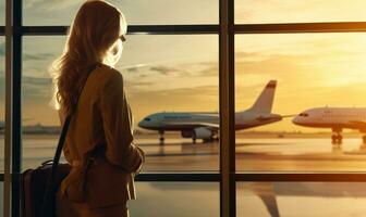 un mujer es sentado por un ventana con vista a un aeropuerto foto