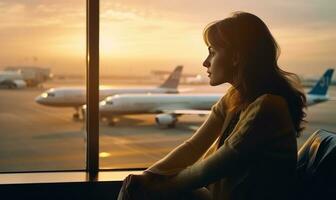 A woman is sitting by a window overlooking an airport photo