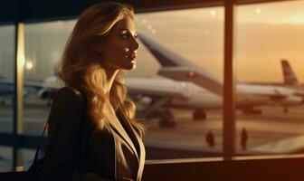 A woman is sitting by a window overlooking an airport photo