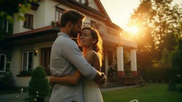 joven casado Pareja abraza en frente de el casa en verano puesta de sol foto