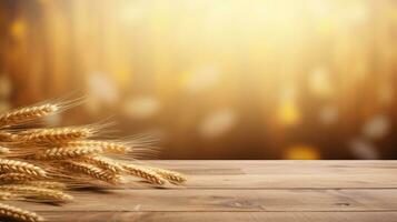 Wooden table with wheat field background photo