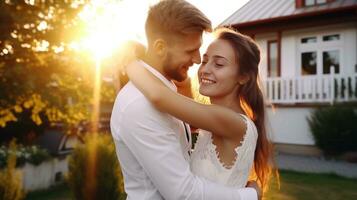 joven casado Pareja abraza en frente de el casa en verano puesta de sol foto