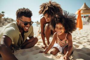 Happy family on the beach photo