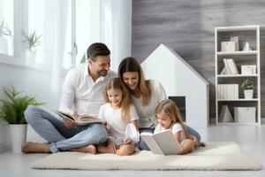 Happy family reading together photo