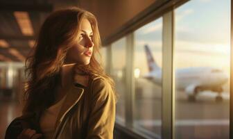 A woman is sitting by a window overlooking an airport photo