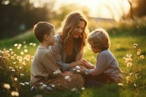 Mother with children on the field photo