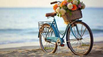 Bicycle with a basket sits on top of sand near the ocean photo