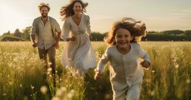 Happy family in running in summer field photo