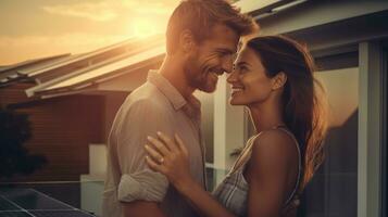 joven casado Pareja abraza en frente de el casa en verano puesta de sol foto