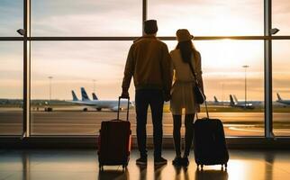 A couple holding luggage together in a airport terminal photo