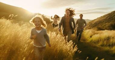 Happy family in running in summer field photo