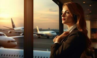 A woman is sitting by a window overlooking an airport photo