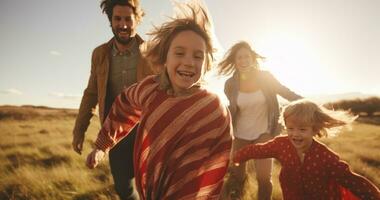 contento familia en corriendo en verano campo foto