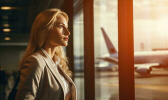 A woman is sitting by a window overlooking an airport photo