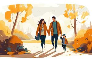 Illustration of happy family in park in Autumn photo