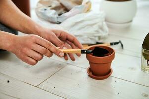 Closeup of female hands putting plant soil into clay pot before planting house plants photo