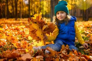 Pretty little girl with collected autumnal maple leaves bouquet cutely smiles looking at camera sitting among golden fallen leaves on the autumn nature background with sun rays falling on forest park photo