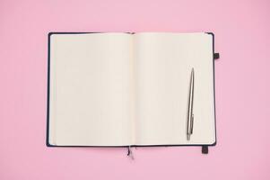 View from above. Blank pages of a notepad and stylish silver pen, isolated on pink background. Copy advertising space photo
