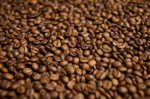 Close-up composition of fresh roasted coffee beans. Coffee grains background. Food background. Copy space photo