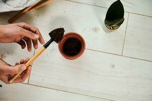 Focus on a clay pot on the floor and a woman's hand holding a small garden shovel with plant soil. photo