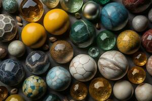 Colorful Variety of marbles as a background, top view, close up. ai generative photo