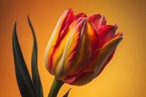 Colorful tulip flower on orange background. Tulip close up. photo