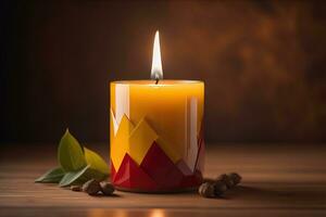 Burning aroma candle on wooden table against solid color background, copyspace. ai generative photo