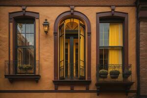 Colorful windows of a typical house in the city, ai generative photo