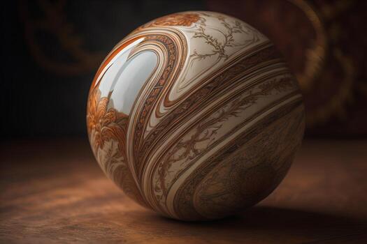 Colorful marble ball on a solid colour background. Close-up. ai generative photo