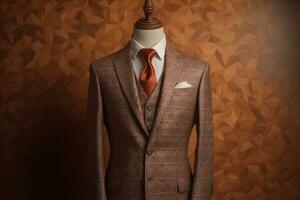 Stylish suits on mannequins on solid color background, closeup. ai generative photo