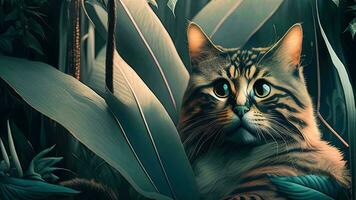 Siberian cat in a jungle. generative ai photo