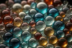 Colorful glass marbles on a the table. Selective focus. ai generative photo