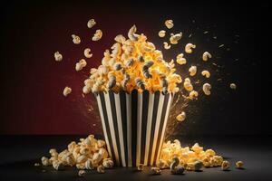 Popcorn in a paper box on a solid color background. ai generative photo