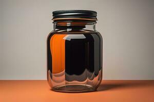 a glass jar on wooden table. ai generative photo