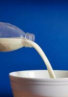 Closeup of pouring milk from bottle into a white bowl against blue background with copy space photo